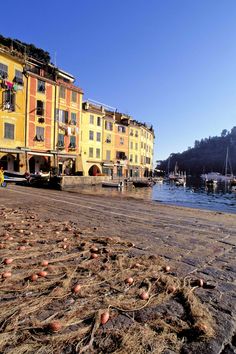 the beach is littered with sand and seaweed as people walk on the shore near buildings