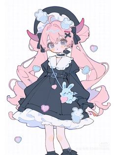 an anime character with pink hair and black dress