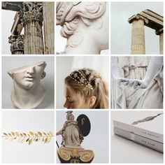 a collage of photos with statues, books and other things to see on this page