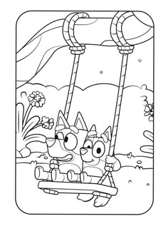 two cats on a swing in the park coloring page for children to color and print