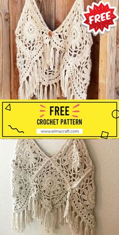 a crochet top with fringes hanging on the wall next to a sign that says free crochet pattern