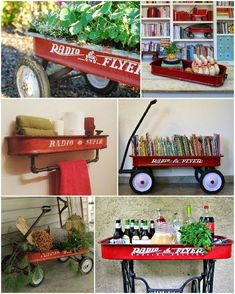 red wagon filled with books and drinks on top of a table next to a book shelf