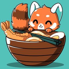 a cartoon fox eating noodles with chopsticks in it's mouth and looking at the bowl