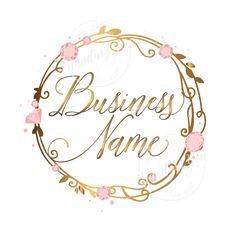 business name with pink flowers and leaves in a gold frame on a white background stock photo