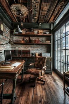 an office with brick walls and wooden floors is pictured in this image, there are two leather chairs at the desk