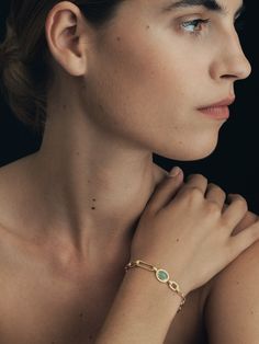 The Talis Bracelet in 18k gold vermeil and green aventurine cabochon. Shop jewellery inspired by the Roman Empire. Greco Roman, The Roman Empire, Diamond Guide, Engagement Ring Wedding Band, Bracelet Gold, Green Aventurine, Roman Empire, Bracelet Designs, Ring Necklace