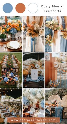 a collage of photos with different colors and flowers on them, including oranges, blue