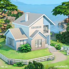 this is an artist's rendering of a house in the countryside with trees and water