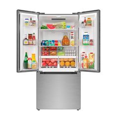 an open refrigerator with its door wide open and full of food, including orange juice