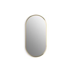 an oval mirror with gold trim on a white wall