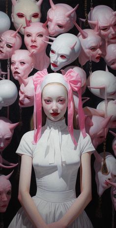 a woman standing in front of a group of white masks with pink bows on their heads