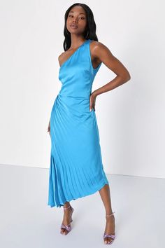 Shop Dresses for Weddings | Wedding Guest Dresses - Lulus Midi Dress Satin, Blue Satin Dress, Dresses For Weddings, Formal Wedding Guest Dress, Beach Wedding Guest Dress, One Shoulder Midi Dress, Confident Style, Lulu Fashion, Gala Dinner