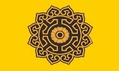 a yellow and black logo with an ornate design on the bottom right corner, which is surrounded by interlocked circles