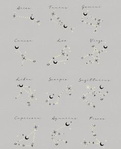 the stars and moon are written in different languages on a gray background with white writing