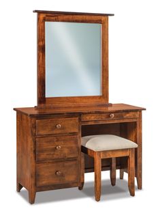 a wooden desk with a mirror and stool