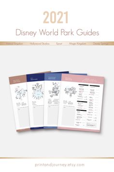 the disneyland world park guide is shown in three different colors and sizes, including pink, blue