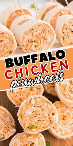 buffalo chicken pinwheels with text overlay