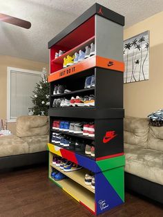 a colorful shoe rack in the middle of a living room