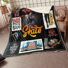 a blanket with skateboard pictures on it is sitting on the floor next to a chair