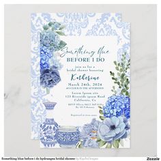 a blue and white floral bridal party card with flowers in vases on it