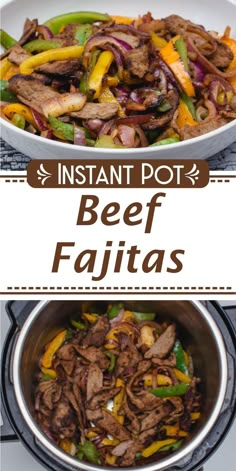 beef fajitas with peppers and onions in a skillet