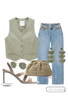 Green waistcoat, high rise jeans, gold chain belt, raffia earrings, heeled sandals, green straw clutch bag & Ray ban sunglasses. Green outfit, weekend outfit, going out.  #liketkit #LTKstyletip #LTKeurope #LTKmidsize #greenoutfit #jeans #waistcoat #goingoutoutfits #heels #weekendoutfit #lookoftheday #casualpartywear #summeroutfitideas #dressycasualoutfit #casualchicstyle #abercrombieandfitch #outfitpost #styleideas @shopLTK Green Purse Outfit Summer, Green Waistcoat Women Outfit, Green Bag Outfit Summer, Green Waistcoat Outfit, Jeans Waistcoat, Green Waistcoat, Waistcoat Outfit, Raffia Earrings, Gold Chain Belt