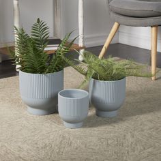 three planters sitting on top of a rug in front of a chair and table