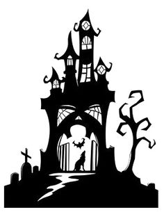 a black and white silhouette of a castle with bats flying around it's windows