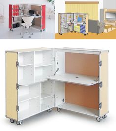 an open storage cabinet with shelves and desks in different colors, including yellow, red, orange, and white