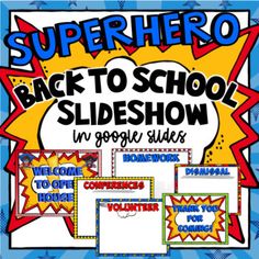 the back to school slideshow is shown in blue and yellow with red, white, and