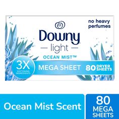 downy light mega sheet 80 sheets with ocean mist scent on the front and bottom