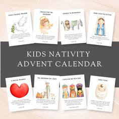 the kids'nativity calendar is shown with pictures of christmas decorations and other items