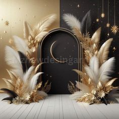 an open door with golden feathers and a crescent