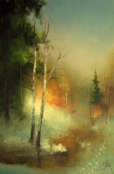 an oil painting of trees and water in the foggy forest with snow on the ground