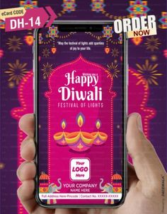 the happy diwal festival flyer is displayed on an iphone screen with fireworks in the background