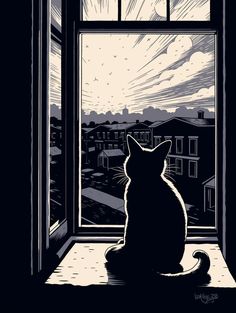 a black cat sitting on top of a window sill looking out at the city