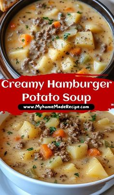 creamy hamburger potato soup in a white bowl