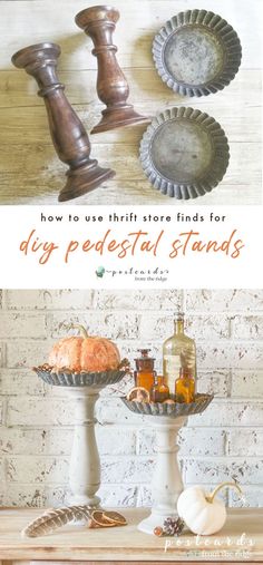 an advertisement for some kind of decorative items on a table with the words how to use thrift store finds for diy pedestal stands