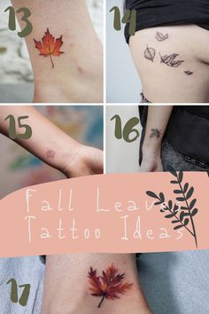 four different tattoos with leaves on them and numbers in the bottom right corner, below