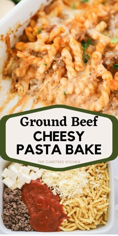 ground beef cheesy pasta bake in a white casserole dish with red sauce