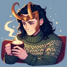 a drawing of loki holding a cup of coffee with horns on it's head