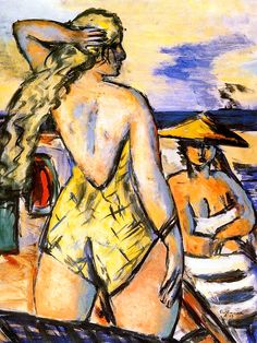 a painting of a woman in a yellow bathing suit standing next to a man on the beach