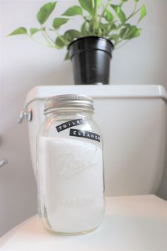 a glass jar filled with white liquid sitting on top of a toilet seat next to a potted plant