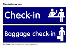 two blue and white signs that say check - in, baggage check - in