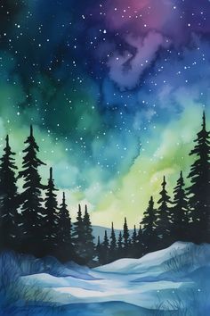 a painting of the night sky with stars and trees