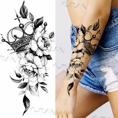 a woman's arm with flowers on it, and an image of her tattoo