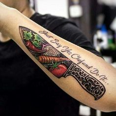 a woman with a tattoo on her arm holding a knife and some vegetables in it