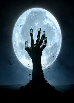 a zombie hand rising out of the ground in front of a full moon with birds flying around