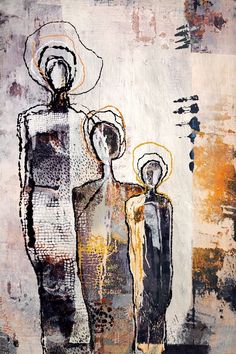 an abstract painting with two people standing next to each other