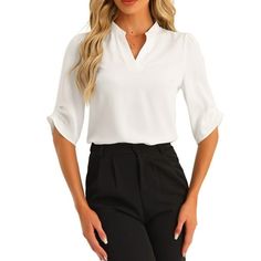 Dressy Casual 3/4 Sleeve Tops For Women V Neck Shirt Work Blouses Detail: 3/4 Sleeve, Notch V Neck, Tunic, Dressy Casual Blouse The short sleeve casual tops is a must-have for any fashion-forward wardrobe. Size: S.  Color: White.  Gender: female.  Age Group: adult. Smart Casual Work Attire, Business Casual Top, V Neck Tunic, V Neck Shirt, Work Blouses, Puff Long Sleeves, Elegant Blouses, Work Tops, Casual Work